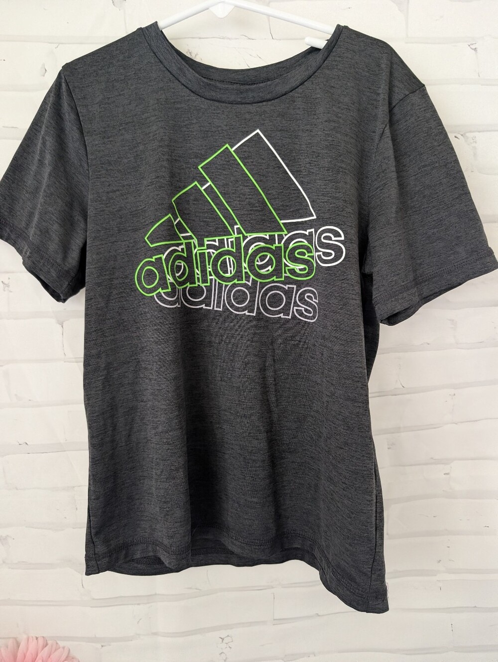 adidas Charcoal Tee with Neon Green Logo Size 7